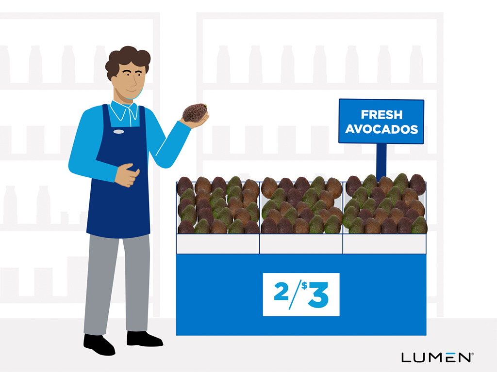 Grocery retailer providing well-stocked shelves and quality products at the right time, like ripe avocados